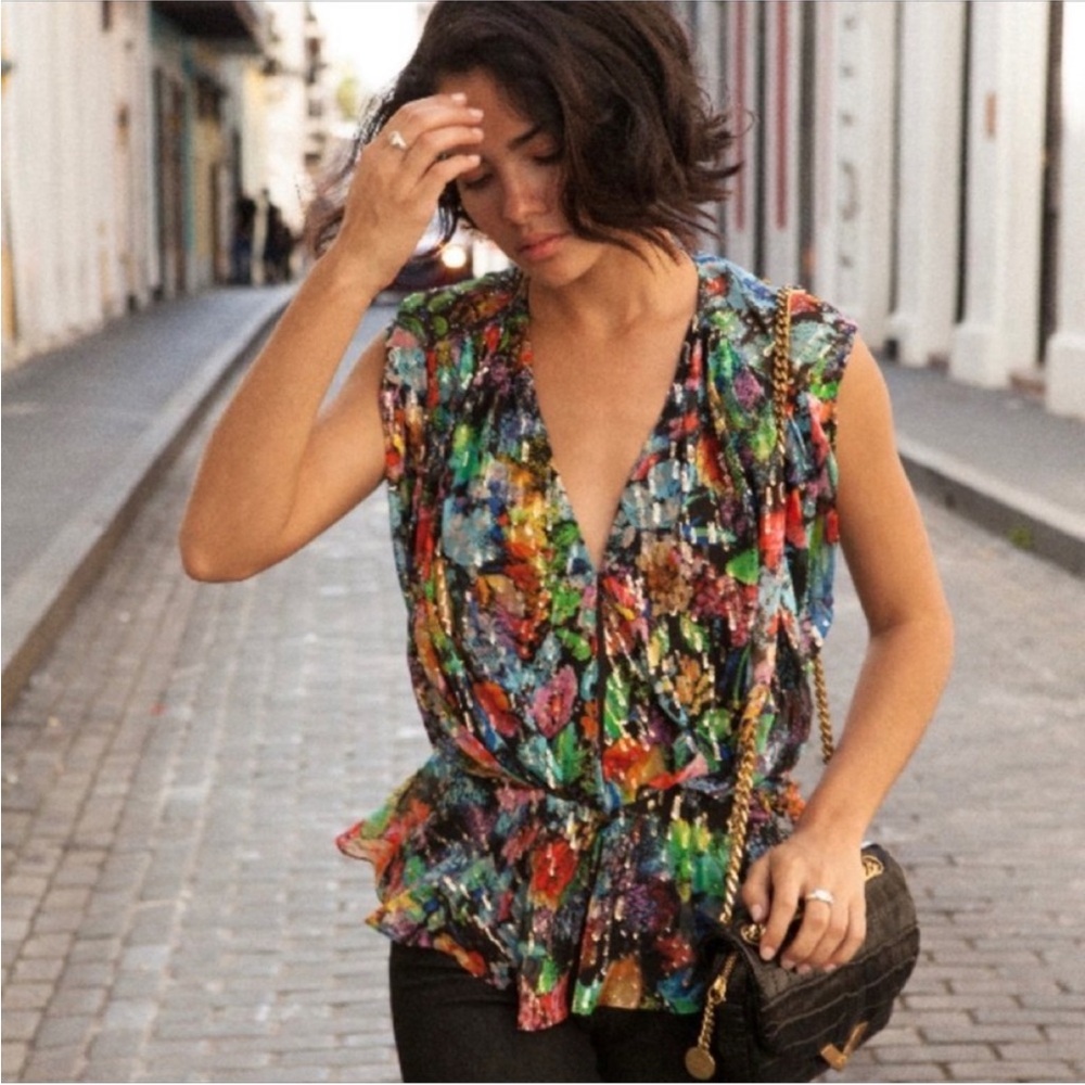 EUC The Kooples Colorful Abstract Metallic Blouse, size 1
